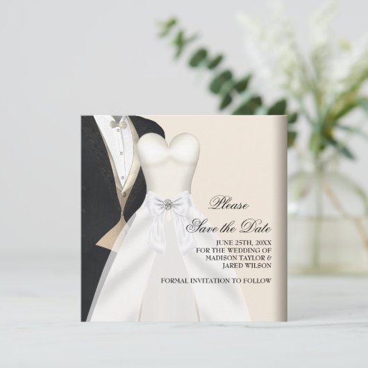 Tuxedo Trouwjurk Zwart Wit Save The Date (Staand voorkant)