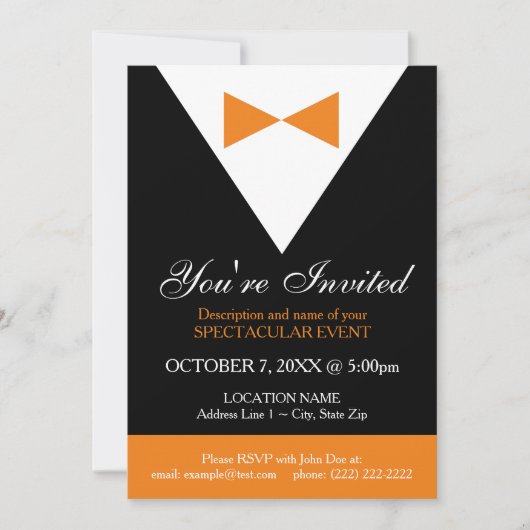 Tuxedo-uitnodigingen | Zwarte en Oranje partij Kaart (Voorkant)