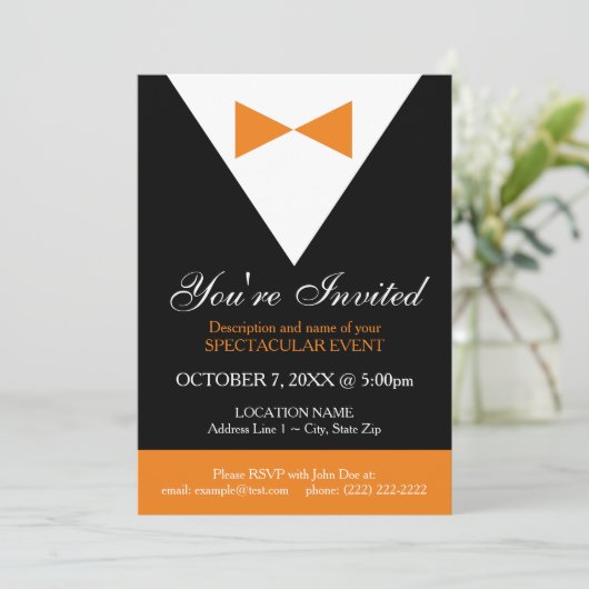 Tuxedo-uitnodigingen | Zwarte en Oranje partij Kaart (Staand voorkant)