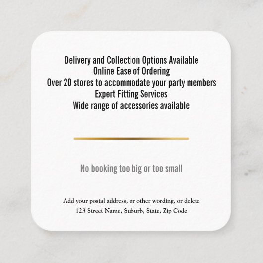 Tuxedo-vak voor formeel pak, aangepast vierkante visitekaartje (Achterkant)