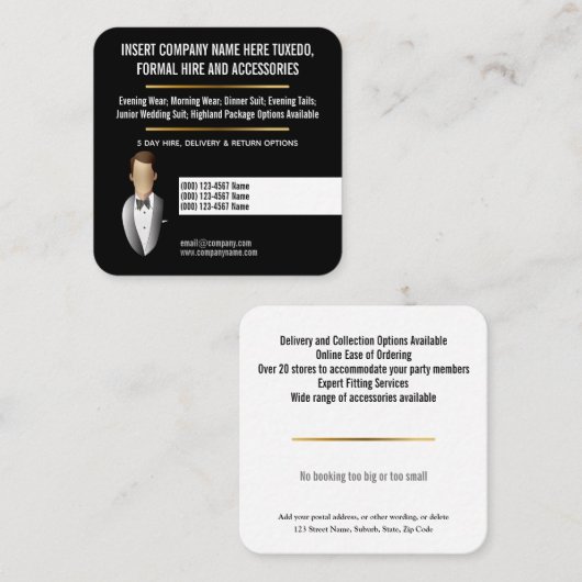 Tuxedo-vak voor formeel pak, aangepast vierkante visitekaartje (Voorkant / Achterkant)