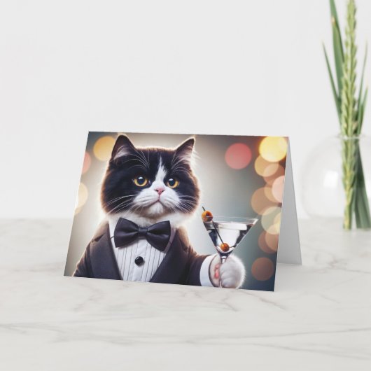 Tuxedo verjaardagskat met Martini cocktail Kaart (Voorkant)