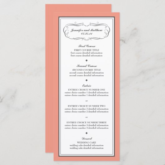 Tuxedo Wedding Menu in Koraal en Grijs (Voorkant / Achterkant)