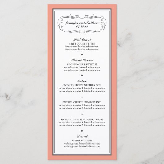 Tuxedo Wedding Menu in Koraal en Grijs (Voorkant)