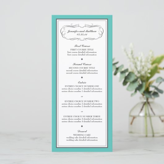 Tuxedo Wedding Menu in Turquoise en Grijs (Staand voorkant)