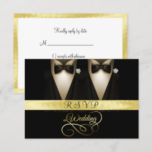 Tuxedo, White Rose Gold & Black Wedding RSVP Kaart