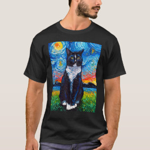 Tuxedo Zwart en Witte Kat Sterrennacht Kunst door  T-shirt