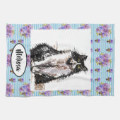 Tuxedo Zwart Wit Kat kunst Bloemen Dames Naam Theedoek (Horizontaal)