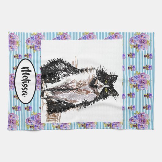 Tuxedo Zwart Wit Kat kunst Bloemen Dames Naam Theedoek (Horizontaal)