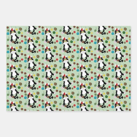Tuxedo Zwart Wit Kerstmis Kat Inpakpapier Vel (Voorkant 2)
