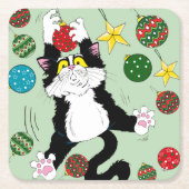 Tuxedo Zwart Wit Kerstmis Kat Kartonnen Onderzetters (Voorkant)