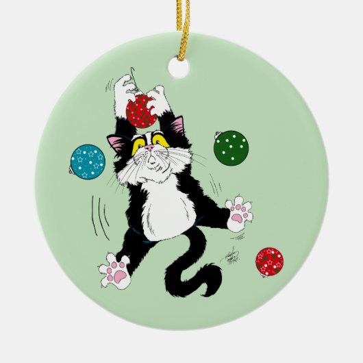 Tuxedo Zwart Wit Kerstmis Kat Keramisch Ornament (Voorkant)