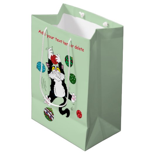 Tuxedo Zwart Wit Kerstmis Kat Medium Cadeauzakje (Voorkant Gekanteld)