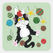 Tuxedo Zwart Wit Kerstmis Kat Vierkante Sticker (Voorkant)