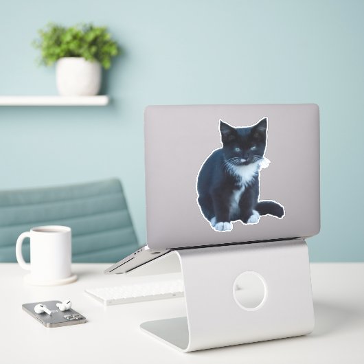 Tuxedo zwart-wit kitten zitten en kijken sticker (Laptop op bureau)