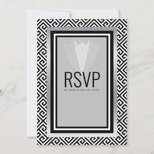 Tuxedo zwart, zilver en wit r.s.v.p aankondiging (Voorkant)