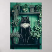 Tuxedo zwarte kat op een plank tussen groen poster (Voorkant)