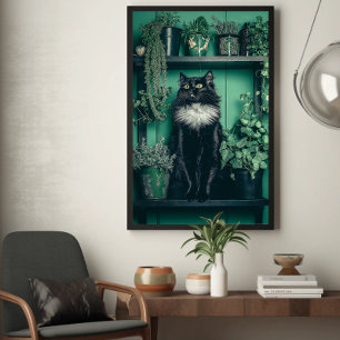 Tuxedo zwarte kat op een plank tussen groen poster