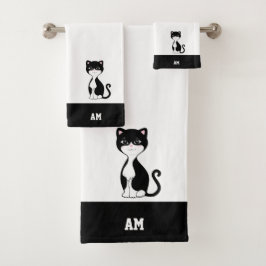 Tuxedokat & Monogram op Zwart & Wit Bad Handdoek