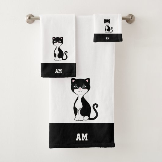 Tuxedokat & Monogram op Zwart & Wit Bad Handdoek (Insitu)