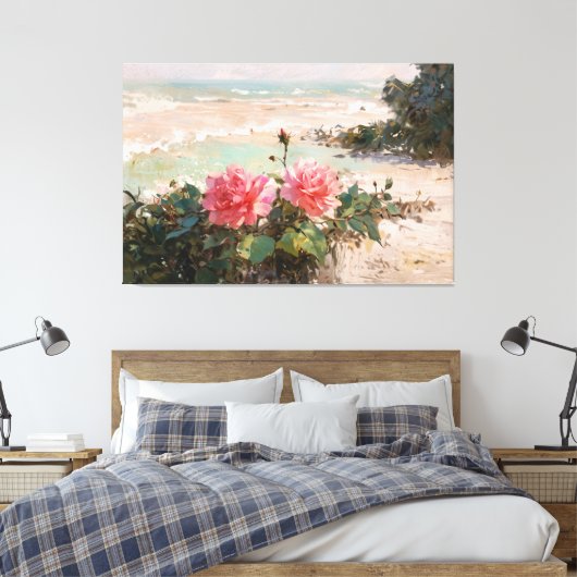 *~* TV2 Roze Strand Rozen Stretched Canvas Print (Insitu (Slaapkamer))