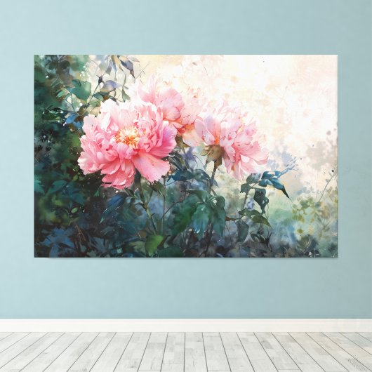 *~* TV2  Schilderen Kunst Waterverf Roze Pioen Canvas Afdruk (Insitu (Houten vloer))
