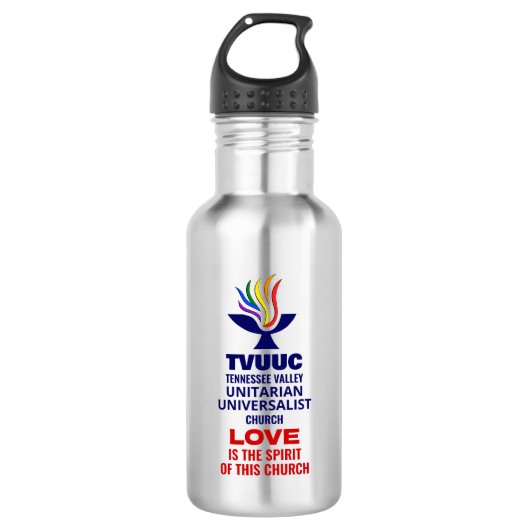 TVUUC Chalice Logo Symbool, Liefde is de Geest Waterfles (Voorkant)