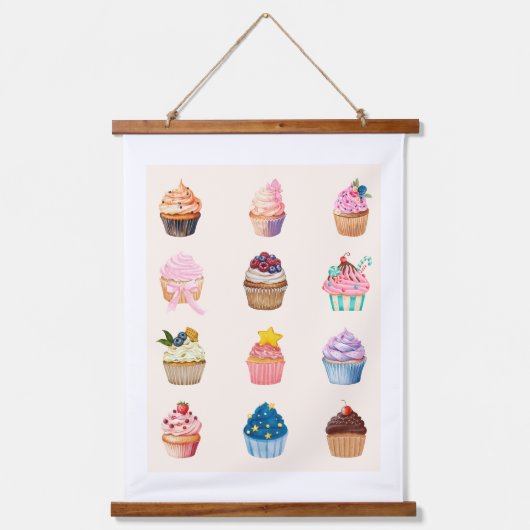 Twaalf Aquarel Cupcakes Hangend Wandkleed (Voorkant)