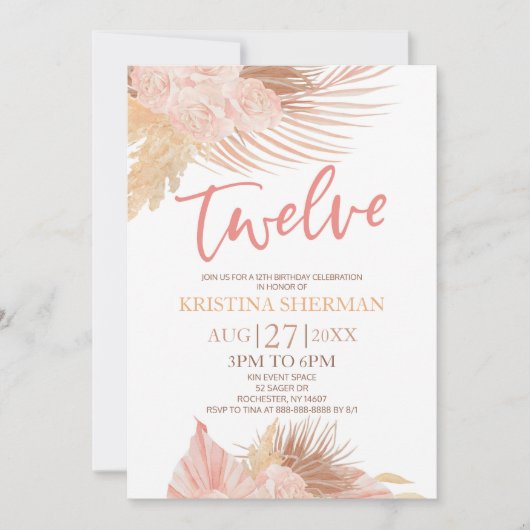 Twaalf Boho Roze Bloemen 12e Verjaardagsfeest Kaart (Voorkant)