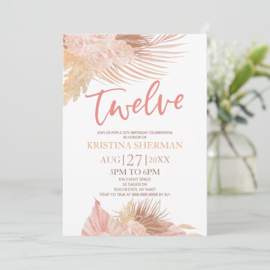 Twaalf Boho Roze Bloemen 12e Verjaardagsfeest Kaart (Staand voorkant)