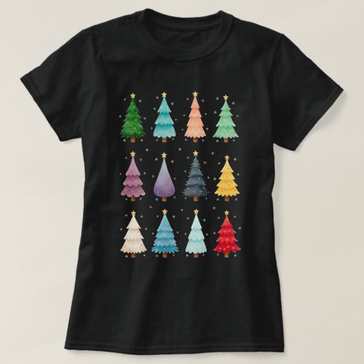 Twaalf Feestelijke Bomen: Kleurrijke Kerstprint T-shirt (Design voorkant)