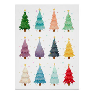 Twaalf Festive Kerstbomen, waterverf Perfect Poster