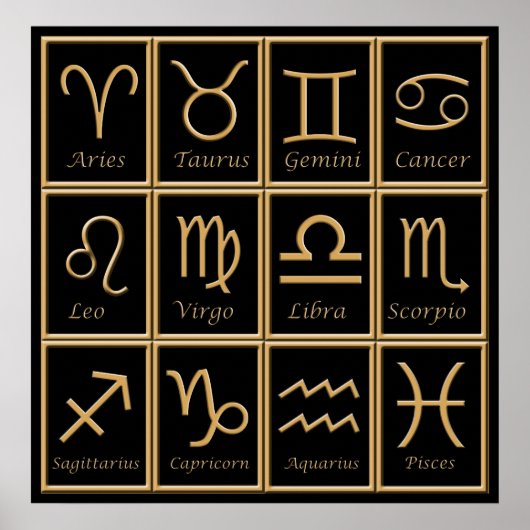 Twaalf Gold Zodiac-signalen afdrukken Poster (Voorkant)