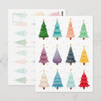 Twaalf Kerstbomen: Kleurrijke Kerstprint Briefkaart