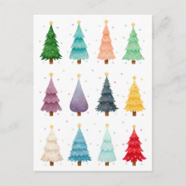 Twaalf Kerstbomen: Kleurrijke Kerstprint Briefkaart