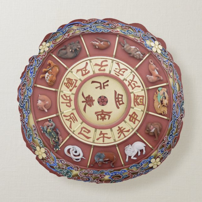 Twaalf takken van de aarde ~ Chinese Zodiac Rond Kussen (Voorkant)