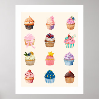 Twaalf waterverf cupcakes poster