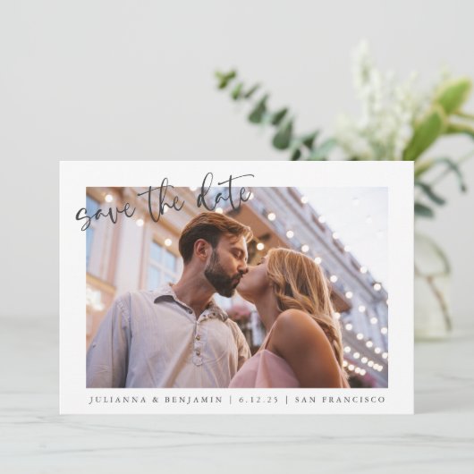 Twee 2 Foto minimalistisch script legant Wedding Save The Date (Staand voorkant)
