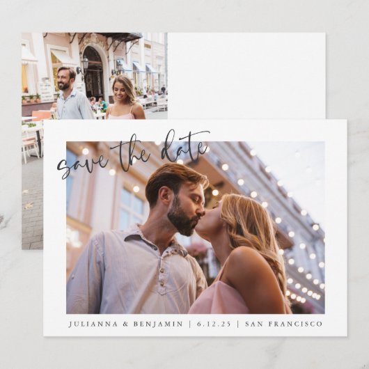 Twee 2 Foto minimalistisch script legant Wedding Save The Date (Voorkant / Achterkant)