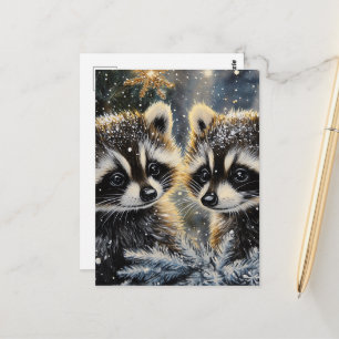 Twee aanbiddelijke baby wasbeer in de winter briefkaart