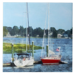 Twee aangemeerde zeilboten Norwalk, CT Tegeltje