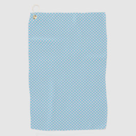 Twee aanzichten van een lichtblauwe handdoek met e