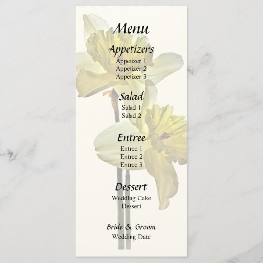 Twee achterover verlichte narcissen bruiloft menu (Voorkant)