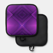 Twee afbeeldingen van een paarse pannenlap met een (Voorkant / Achterkant)