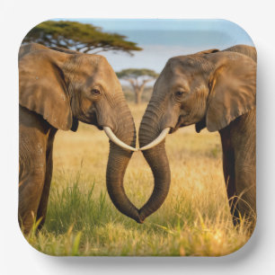 Twee Afrikaanse Olifanten In Savannah Gras Papieren Bordje