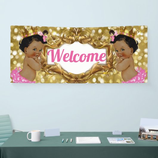 Twee Afrikaanse prinsessen|Roze & Gouden Glitter W Spandoek (Beurs)