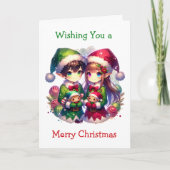 Twee anime elfen | Schattige kerstfeest Feestdagen Kaart (Voorkant)