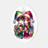 Twee anime elfen | Schattige kerstfeest Metalen Ornament (Voorkant links)
