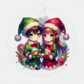Twee anime elfen | Schattige kerstfeest Metalen Ornament (Voorkant)