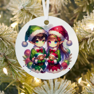 Twee anime elfen   Schattige kerstfeest Metalen Ornament